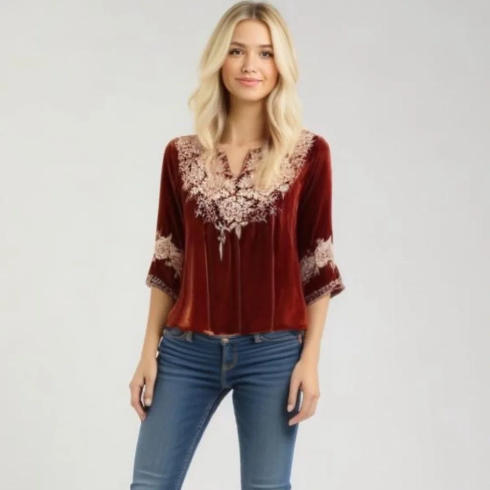 Johnny Was Heavily Embroidered Olenna Velvet 3/4 Sleeve Flutter Top NWT - Picture 2 of 8